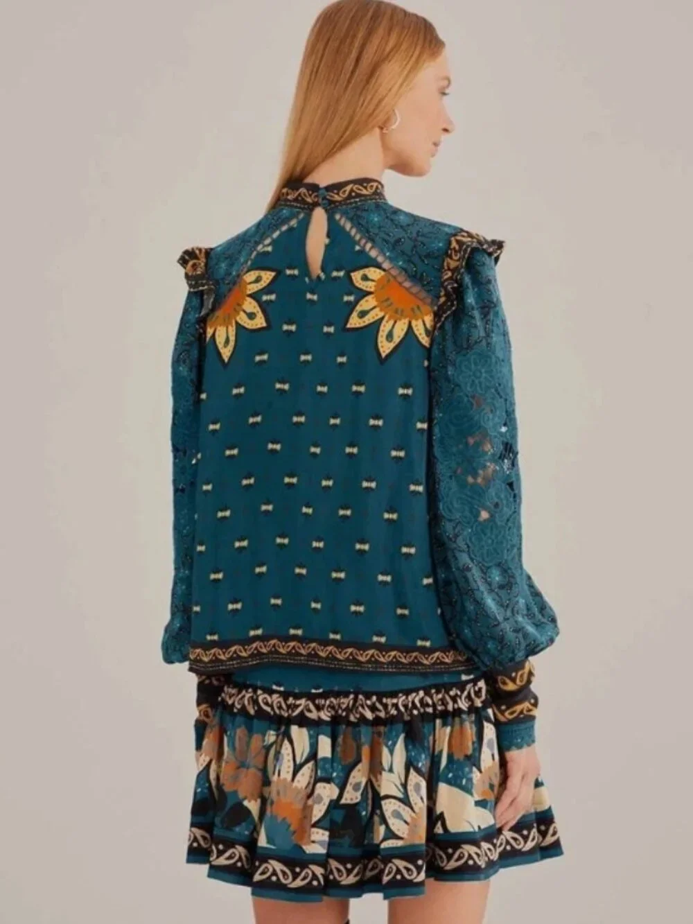 Farm Ainika Chill Blue Long Sleeve Blouse Top Crochet Embroidered S
